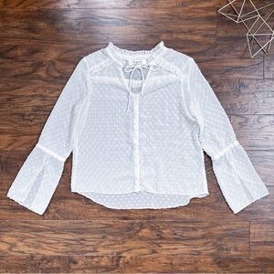 Auguste The Label • swiss dot blouse sheer white flowy bell sleeve tie neck